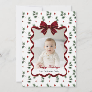 Elegant Red Ribbon Greenery Photo Christmas Card