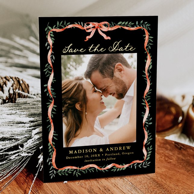 Elegant Red Ribbon Greenery Photo Save the Date (Creator Uploaded)