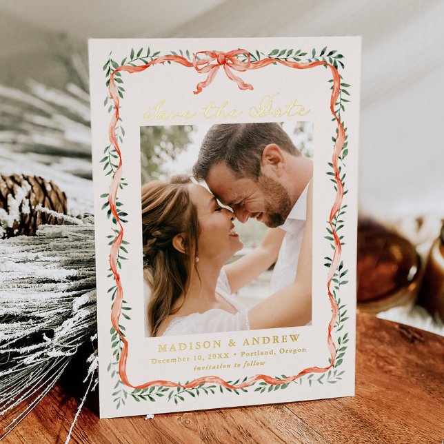Elegant Red Ribbon Greenery Photo Save the Date (Creator Uploaded)