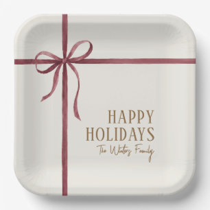 Elegant Red Ribbon Happy Holidays Paper Plate