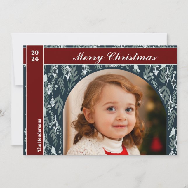 Elegant Red Ribbon Modern One Photo Christmas Holiday Card (Front)
