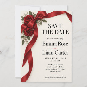 Elegant Red Ribbon Rose Save the Date Invitation