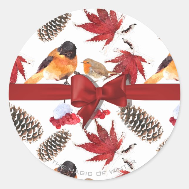 Elegant Red Ribbon Watercolor Winter Pattern Classic Round Sticker (Front)