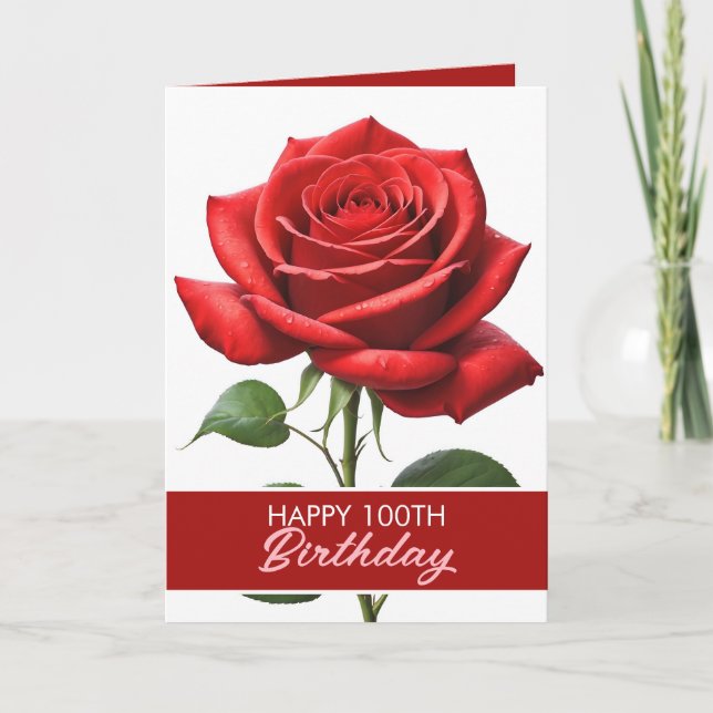 Elegant Red Rose 100th Birthday Card (Front)