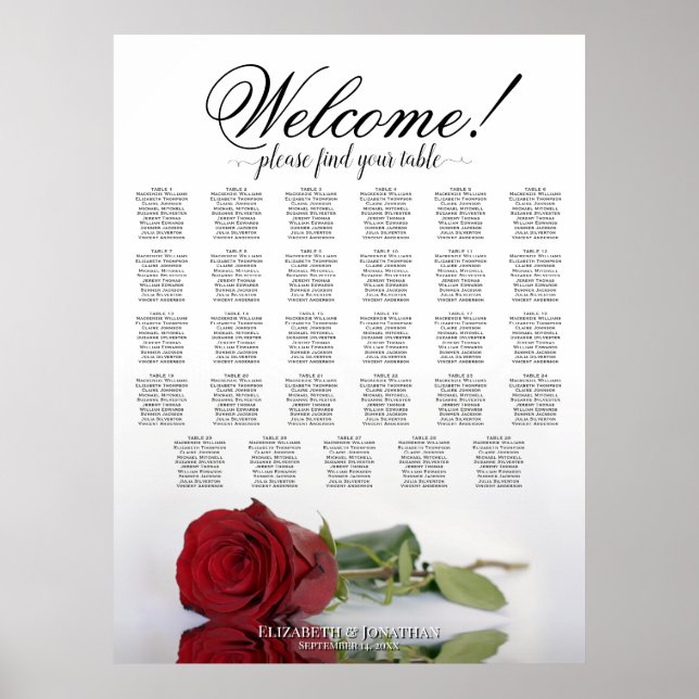 Elegant Red Rose 29 Table Wedding Seating Chart (Front)