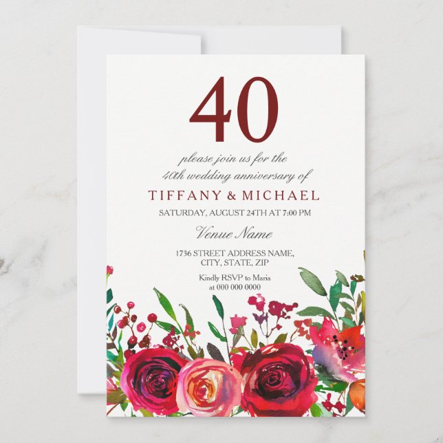 Elegant Red Rose 40th Wedding Anniversary Invite (Front)