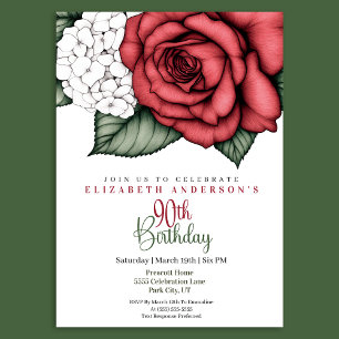 Elegant Red Rose 90th Birthday Invitation