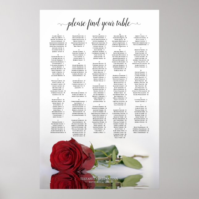 Elegant Red Rose Alphabetical Seating Chart (Front)