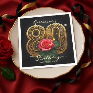 Elegant Red Rose and Gold Filigree 80th Birthday Napkin
