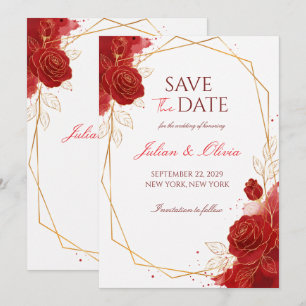 Elegant Red Rose and Gold Geometric Save the Date Invitation