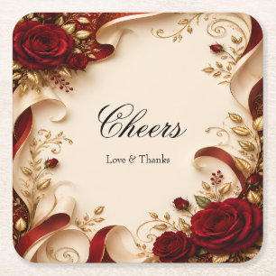 Elegant Red Rose and Gold Leaf Personalised Square Paper Coaster