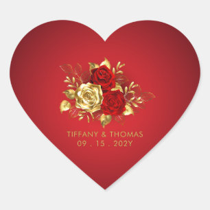 Elegant Red Rose And Gold Theme Wedding Heart Sticker