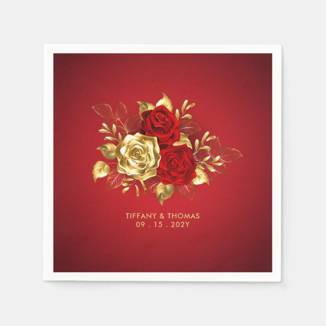 Elegant Red Rose And Gold Theme Wedding  Napkin (Front)