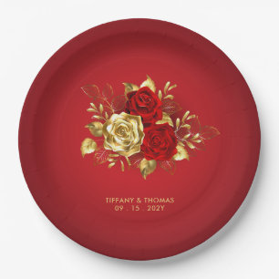 Elegant Red Rose And Gold Theme Wedding Paper Plate