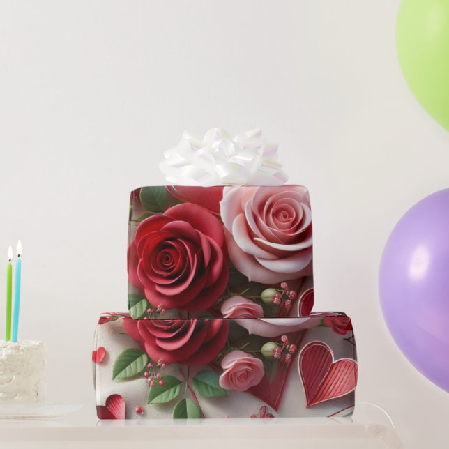 Elegant Red Rose and Hearts Valentine's Day  Wrapping Paper (Party Gifts)