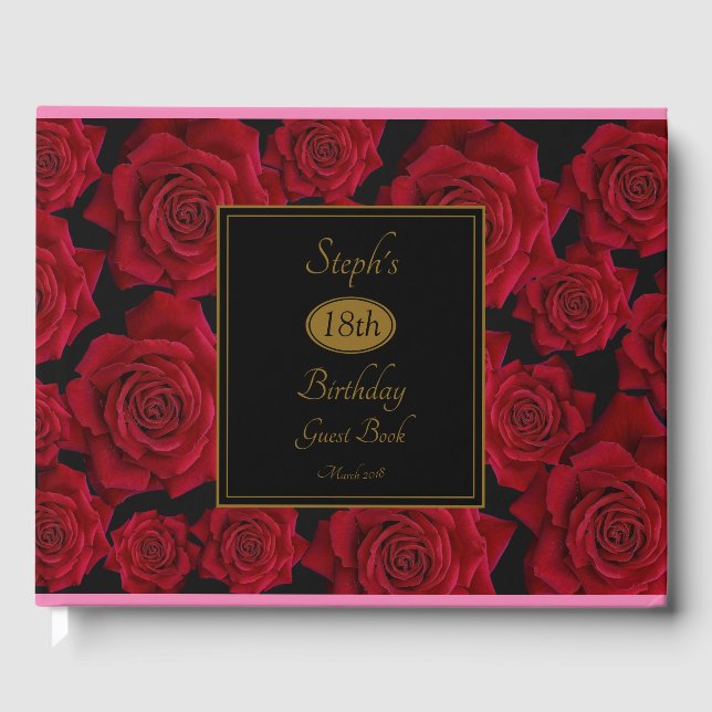 Elegant Red Rose Any Age Birthday Party Guest Book (Front)