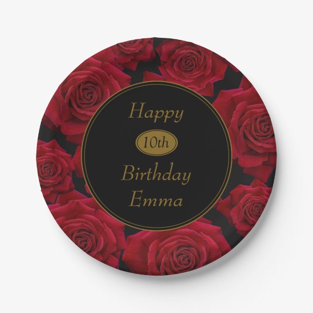 Elegant Red Rose Any Age Birthday Party Paper Plate (Front)