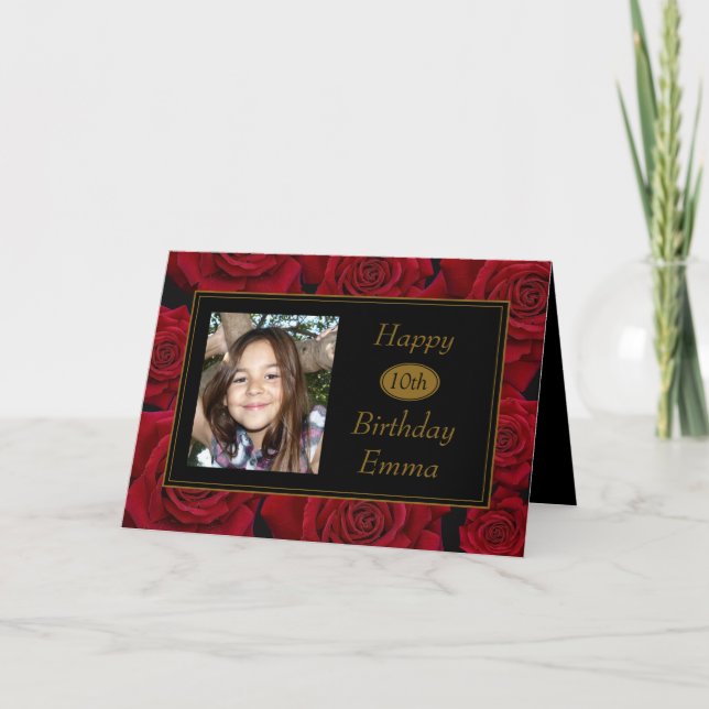 Elegant Red Rose Any Age Photo Birthday Card (Front)