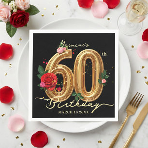 Elegant Red Rose Black and Gold 60th Birthday Napkin
