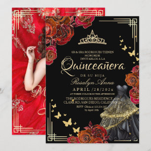 Elegant Red Rose Black Gold Butterfly Quinceañera Invitation