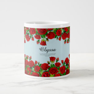 Elegant Red Rose Border Custom Name Garden Theme Large Coffee Mug