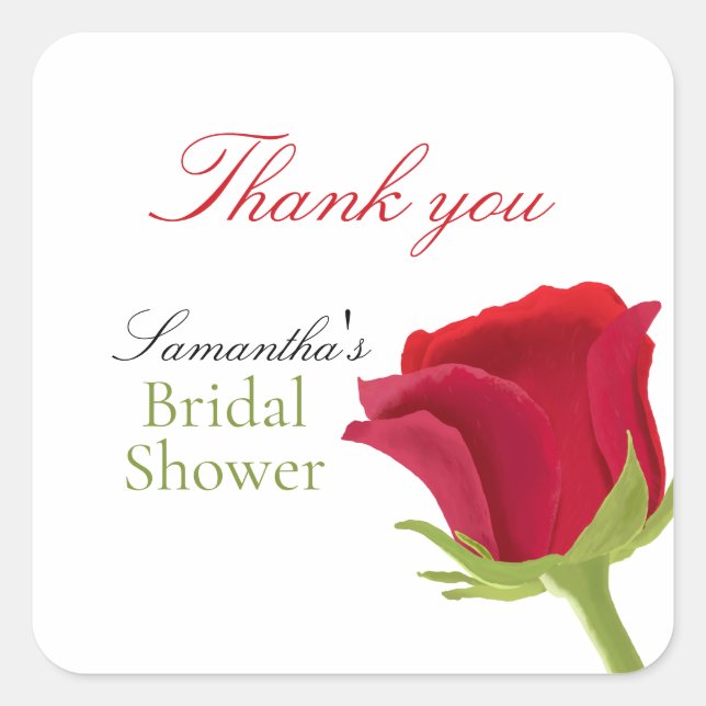 Elegant Red Rose Bridal Shower  Square Sticker (Front)