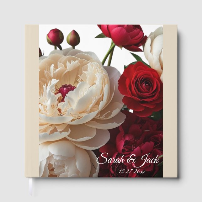 Elegant Red Rose & Cream Peony Guest Book (Front)