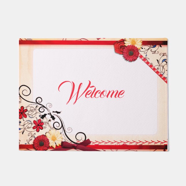 Elegant Red Rose Crimson Border Black Ornamental Doormat (Front)