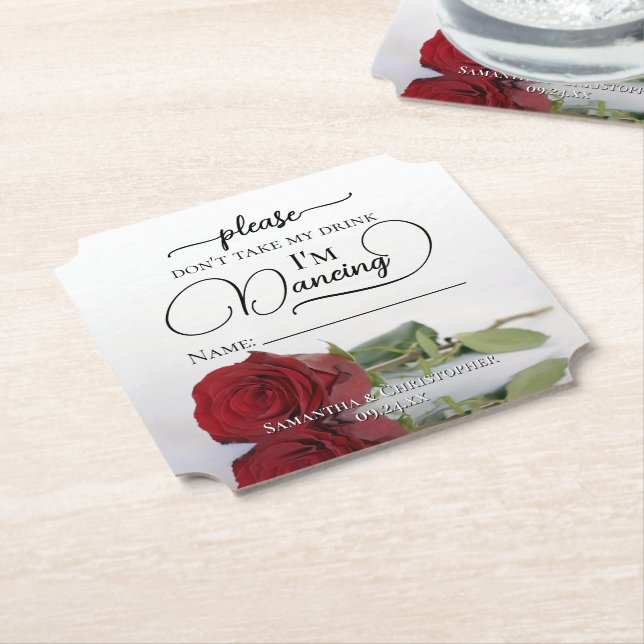Elegant Red Rose Don't Take My Drink Name Wedding Paper Coaster (Angled)