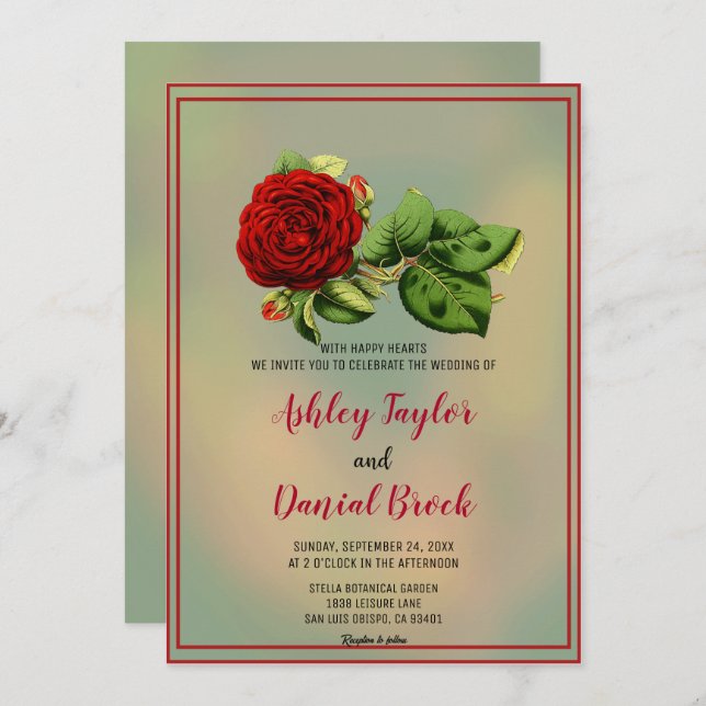 Elegant red rose dusty boho framed floral Wedding  Invitation (Front/Back)