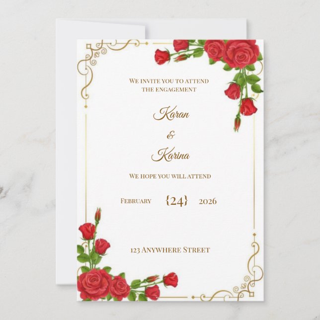 Elegant Red Rose Engagement Invitation with Gold C (Front)