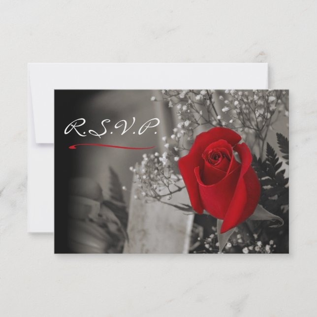 Elegant Red Rose Fade Out Black and White RSVP Card (Front)