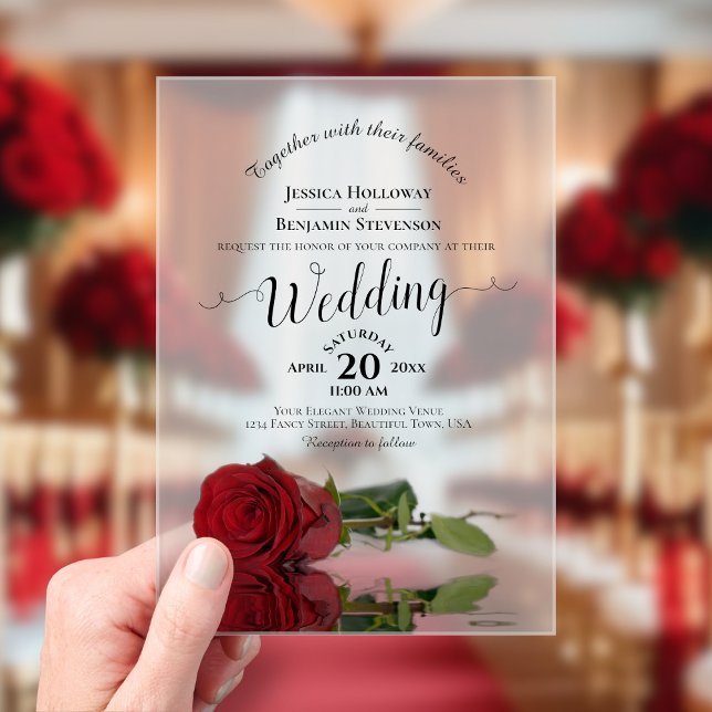 Elegant Red Rose Fancy Calligraphy Wedding Acrylic Invitations (Frosted with Rectangle Cut)