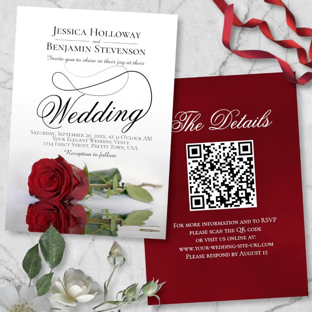 Elegant Red Rose Fancy Script QR Code Wedding Invitation (Creator Uploaded)