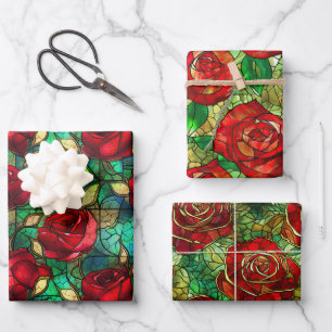 Elegant Red Rose Faux Stained Glass Pattern Wrapping Paper Sheet