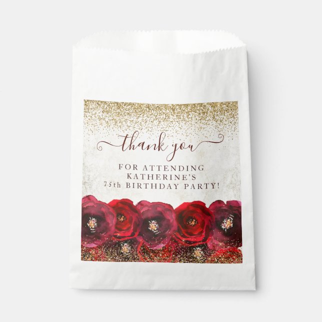 Elegant Red Rose Floral 75th Birthday Thank You Favour Bags (Front)