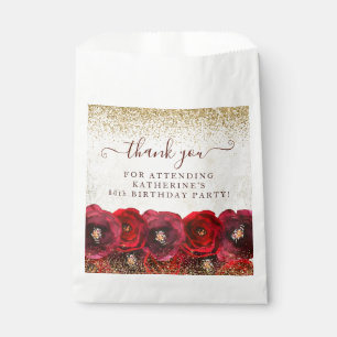 Elegant Red Rose Floral 80th Birthday Thank You Favour Bags