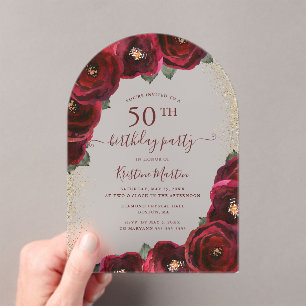 Elegant Red Rose Floral Arch 50th Birthday Party Acrylic Invitations