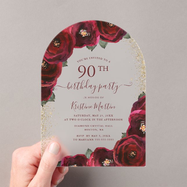 Elegant Red Rose Floral Arch 90th Birthday Party Acrylic Invitations (Insitu (Handheld))
