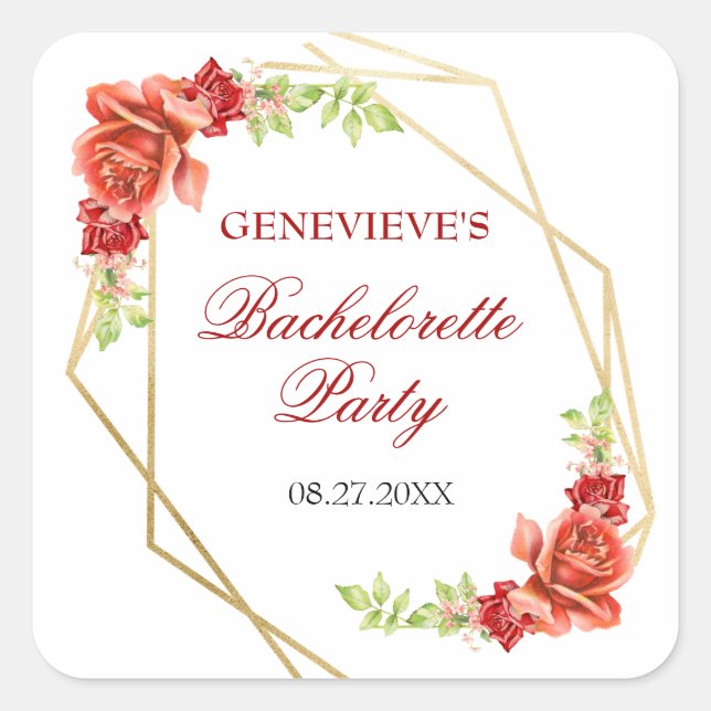 Elegant Red Rose Floral Bachelorette Party Square Sticker (Front)