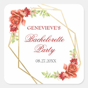 Elegant Red Rose Floral Bachelorette Party Square Sticker