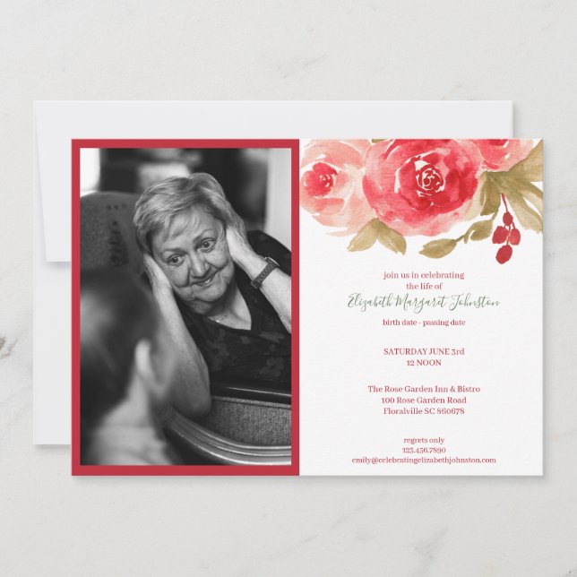 Elegant Red Rose Floral Celebrating the Life Thank You Card (Front)