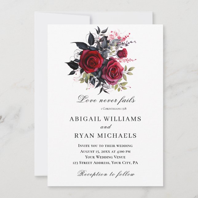 Elegant Red Rose Floral Christian Bible Wedding Invitation (Front)
