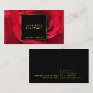Elegant Red Rose Floral Designer Gold Frame Black Business Card