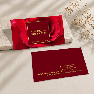 Elegant Red Rose Floral Designer Gold Frame Business Card