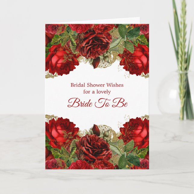 Elegant Red Rose Floral Frame Bridal Shower Card (Front)