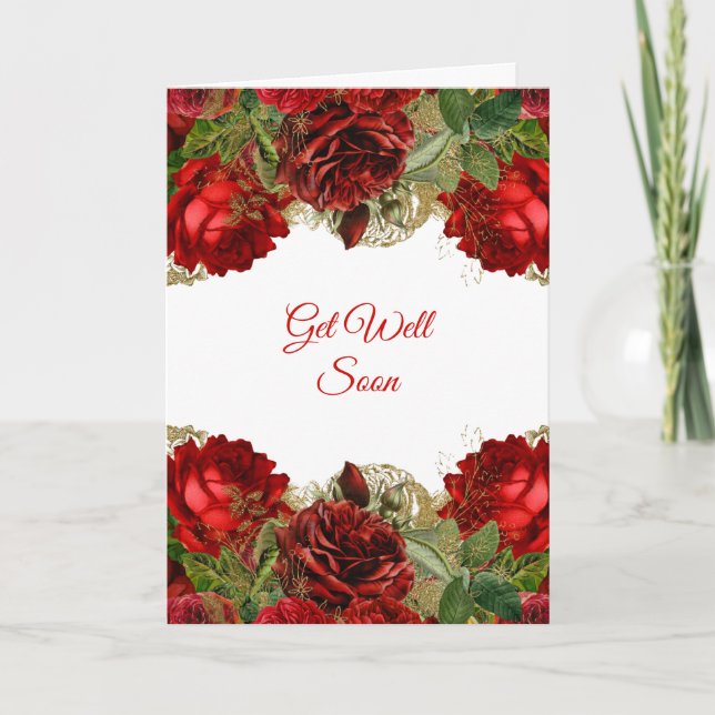 Elegant Red Rose Floral Frame Get Well Card (Front)