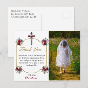 Elegant Red Rose Floral Girls 1st Holy Communion  Postcard
