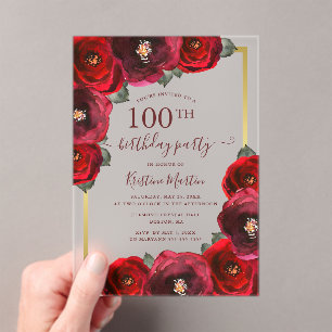 Elegant Red Rose Floral Gold 100th Birthday Party Acrylic Invitations
