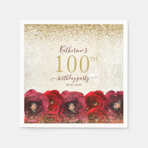 Elegant Red Rose Floral Gold 100th Birthday Party Napkin